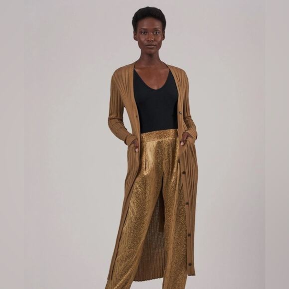 ATM Long Sweater Cardigan in Sahara Womens M Silk Cotton Ribbed Button Front - Picture 2 of 10